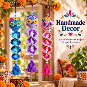 May include: Three hanging crochet skull decorations in blue, purple, and pink. Each skull features colorful floral accents, a spiral tail, and a matching yarn tassel. The text reads: Handmade Decor, A playful crochet project for spooky season.