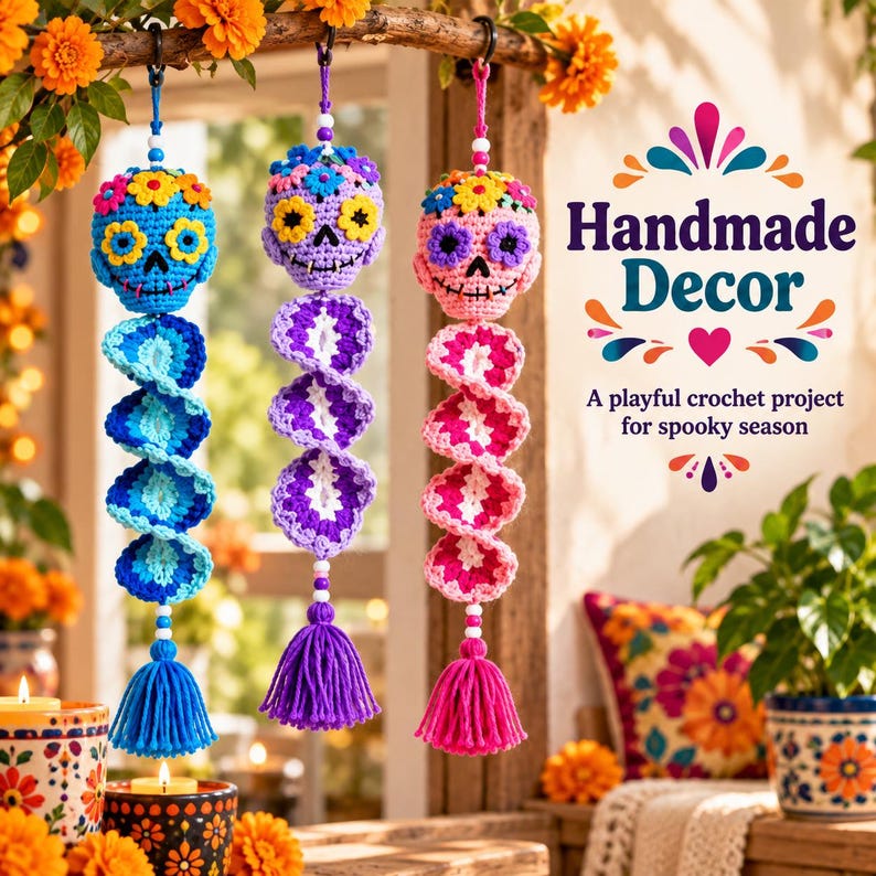 May include: Three hanging crochet skull decorations in blue, purple, and pink. Each skull features colorful floral accents, a spiral tail, and a matching yarn tassel. The text reads: Handmade Decor, A playful crochet project for spooky season.
