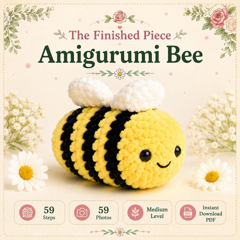 Puede incluir: Una abeja amigurumi de ganchillo con rayas amarillas y negras, alas blancas y ojos negros. El texto dice The Finished Piece Amigurumi Bee, 59 Steps, 59 Photos, Medium Level e Instant Download PDF, rodeado de ilustraciones florales.
