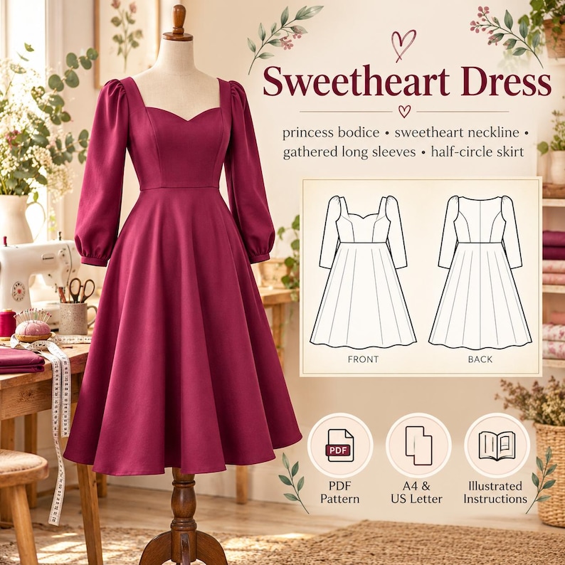 May include: A deep magenta dress on a mannequin featuring a sweetheart neckline, princess bodice, gathered long sleeves, and a half-circle skirt. The image includes text: Sweetheart Dress, princess bodice, sweetheart neckline, gathered long sleeves, half-circle skirt, PDF Pattern, A4 & US Letter, and Illustrated Instructions.