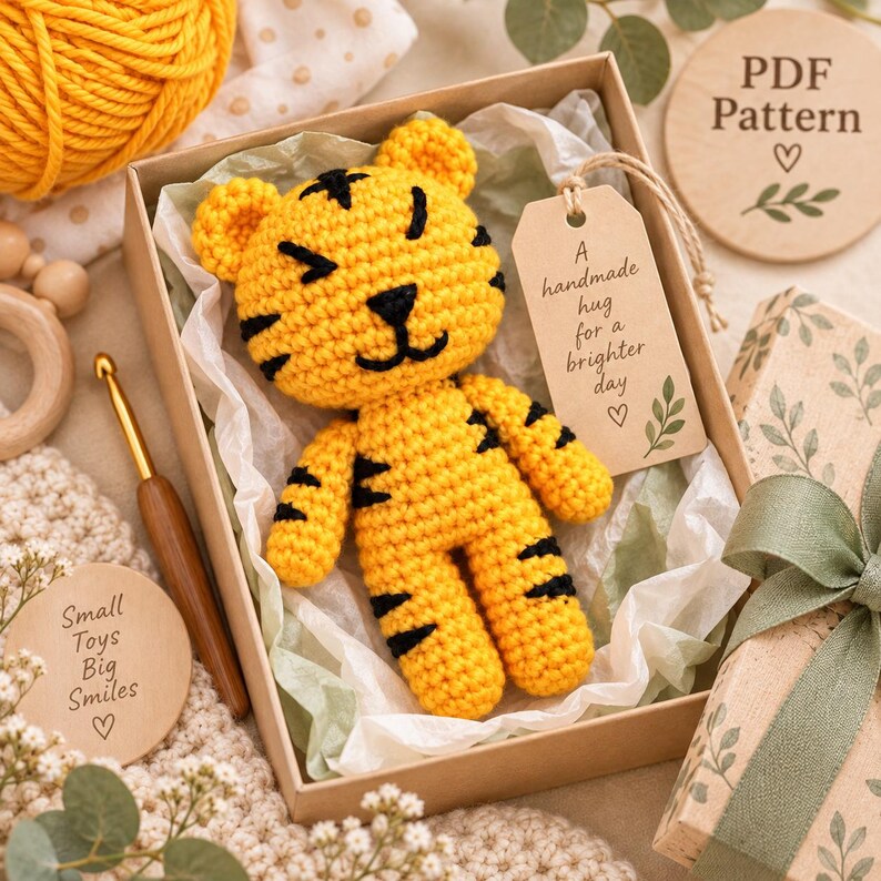 May include: A yellow and black crocheted tiger toy nestled in a gift box with white tissue paper. A brown paper tag attached to the tiger reads, A handmade hug for a brighter day. The box includes a wooden crochet hook and circular wooden discs.