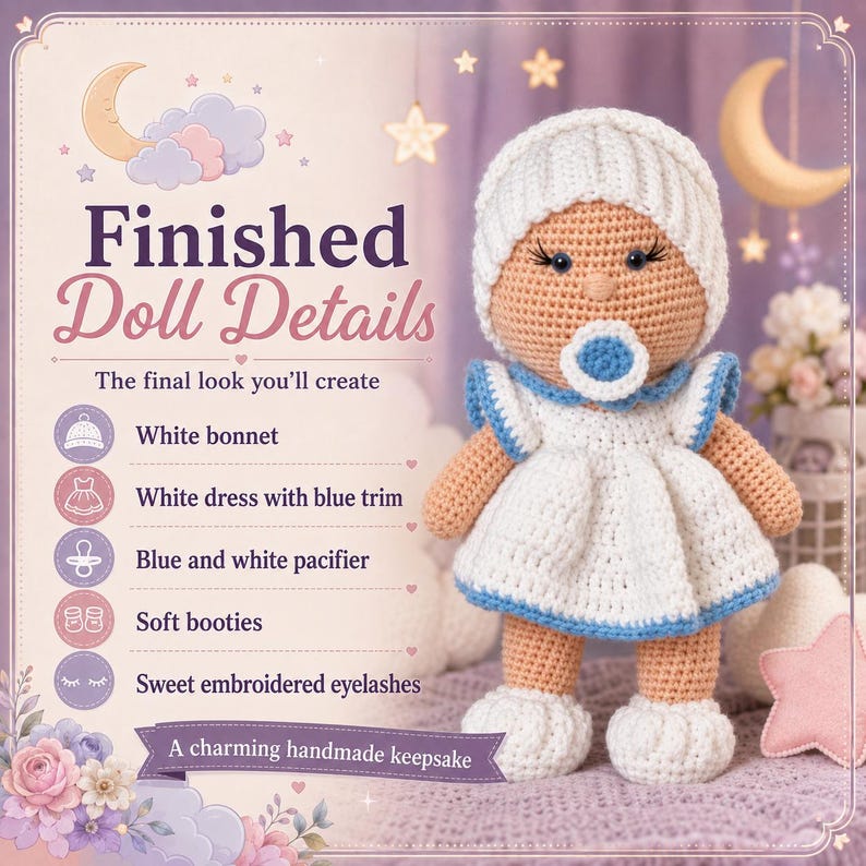 May include: A crocheted doll wearing a white bonnet, a white dress with blue trim, and white booties. The doll has a blue and white pacifier and embroidered eyelashes. Text on the image reads: Finished Doll Details, The final look you'll create.