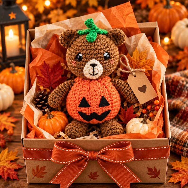 May include: A brown crocheted bear plush toy wearing an orange pumpkin costume with a black jack-o'-lantern face and a green stem on its head. The bear is nestled in a cardboard gift box filled with orange tissue paper, small pumpkins, and leaves.