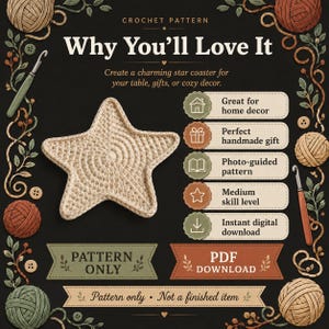 May include: A crochet pattern document featuring a beige star-shaped coaster, yarn balls, and hooks. Text includes "Why You'll Love It," "CROCHET PATTERN," "PATTERN ONLY," "PDF DOWNLOAD," and "Pattern only - Not a finished item" with various feature icons.