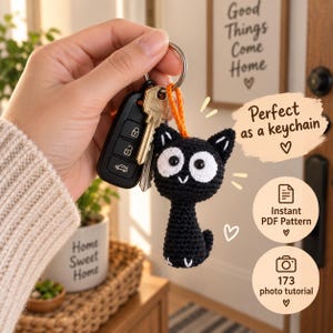 May include: A black crocheted cat keychain with large white eyes and a small orange cord, attached to a silver metal ring along with a black car key fob and a silver metal key. The cat has a round head, a slender body, and white stitched details.