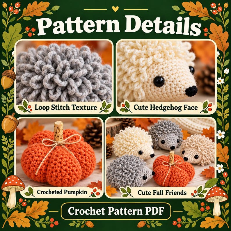 May include: A crochet pattern PDF featuring a gray loop stitch texture, a cream-colored hedgehog face, an orange crocheted pumpkin with a twine bow, and a collection of small crocheted hedgehogs and a pumpkin labeled as fall friends.