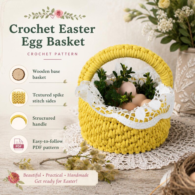 May include: A yellow crochet Easter egg basket with a structured handle and textured spike stitch sides. The basket features a white lace trim and contains green foliage and light brown eggs. Text includes Crochet Easter Egg Basket.