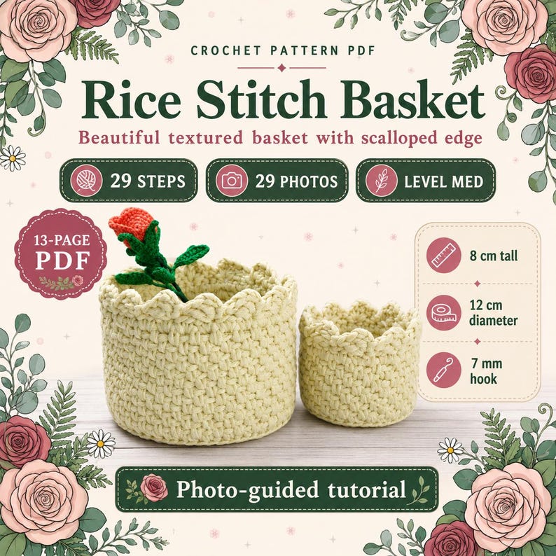 Op de afbeelding: Een haakpatroon PDF voor een mand met rijststeek en een geschulpte rand. Het document bevat 29 stappen, 29 foto's en een gids van 13 pagina's. De manden zijn 8 cm hoog, hebben een diameter van 12 cm en vereisen een haaknaald van 7 mm.
