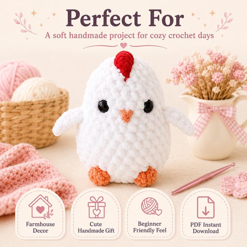 May include: A white plush crochet chicken toy with a red comb, orange beak, and orange feet. The text reads: Perfect For A soft handmade project for cozy crochet days. Below are icons labeled: Farmhouse Decor, Cute Handmade Gift, Beginner Friendly Feel, PDF Instant Download.