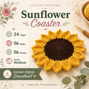 Peut inclure: Un modèle de crochet pour un dessous de verre tournesol avec un centre marron foncé et des pétales jaunes. Le document comprend 24 pages, 56 étapes, 56 photos et un niveau de difficulté moyen. Téléchargement numérique instantané, modèle seul.