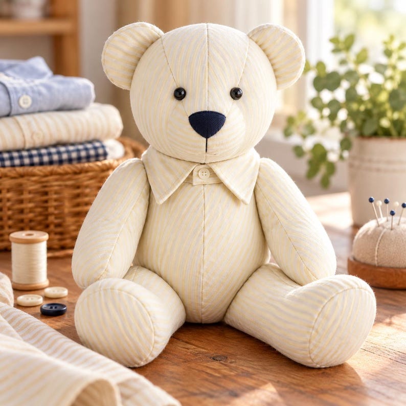 May include: A stuffed teddy bear crafted from cream-colored fabric with thin yellow vertical stripes. The bear features a dark navy blue nose, black button eyes, and a fabric collar with a small white button at the center of the neck.