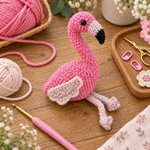 May include: A crocheted flamingo toy with a bright pink body, a long curved neck, and a beak featuring white and black sections. The flamingo has small black bead eyes and light pink wings. It is crafted with visible yarn stitches.