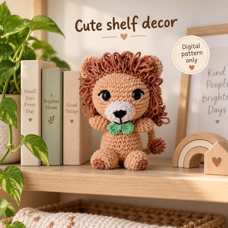May include: A crocheted lion amigurumi with a tan body, a dark brown yarn mane, black safety eyes, a white muzzle, and a small green bow tie. The text "Cute shelf decor" and "Digital pattern only" are visible in the image.