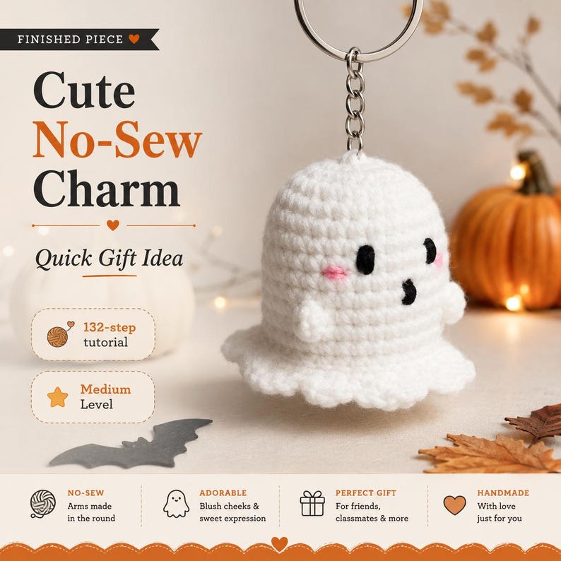 May include: A white crocheted ghost keychain with black eyes, a black mouth, and pink blush marks. The ghost is attached to a silver metal keyring. Text on the image includes "Cute No-Sew Charm," "Quick Gift Idea," "132-step tutorial," and "Medium Level."