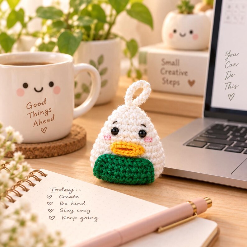 May include: A small, triangular, white and green crocheted plush toy with black eyes, pink cheeks, and a yellow beak, featuring a small loop at the top. The plush sits on a desk next to a white mug with the text Good Things Ahead and a laptop.