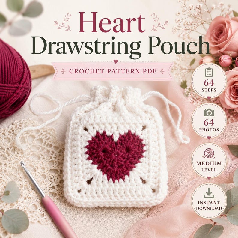 May include: A white crochet drawstring pouch featuring a dark red heart motif in the center. The text reads Heart Drawstring Pouch, Crochet Pattern PDF, 64 Steps, 64 Photos, Medium Level, and Instant Download. A pink crochet hook is visible.