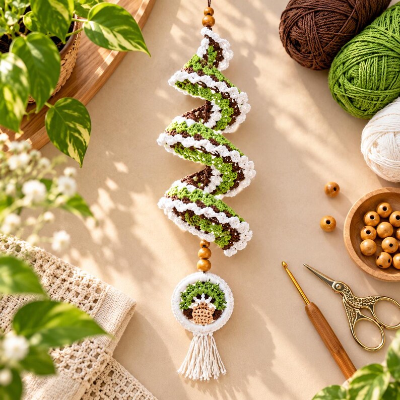 May include: A spiral-shaped crochet hanging ornament featuring alternating bands of dark brown, light green, and white yarn. The piece is accented with wooden beads and terminates in a circular crochet medallion with a tassel.