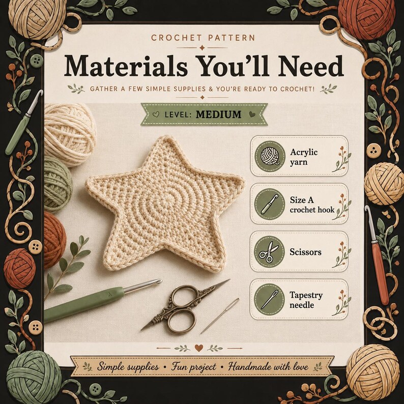 May include: A crochet pattern guide titled Materials You'll Need featuring a beige star-shaped crochet piece, a green crochet hook, vintage-style scissors, and a tapestry needle. The list includes acrylic yarn, a size A crochet hook, scissors, and a tapestry needle.