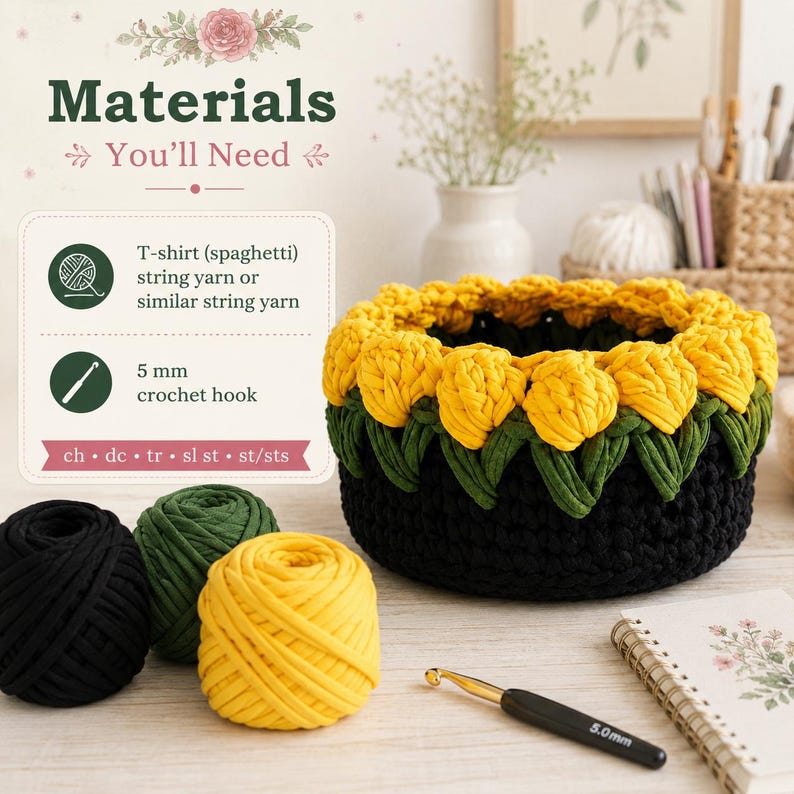 May include: A round crochet basket featuring a black base, green leaf-shaped trim, and a yellow tulip-patterned rim. Beside it are three balls of yarn in black, green, and yellow, a 5 mm crochet hook, and a text box listing materials needed.