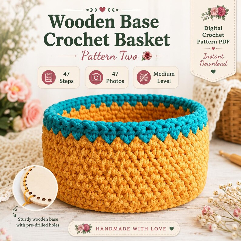 May include: A round crochet basket featuring a mustard yellow body and a teal blue rim. The basket is constructed on a circular wooden base with pre-drilled holes. Text on the image includes Wooden Base Crochet Basket, Pattern Two, 47 Steps, 47 Photos, Medium Level, Digital Crochet Pattern PDF, Instant Download, and Handmade With Love.