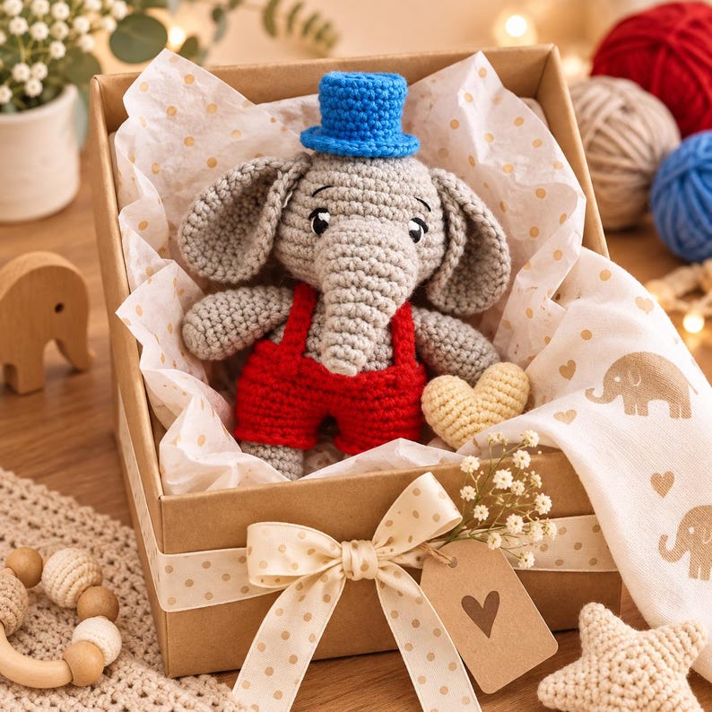 May include: A gray crocheted elephant toy wearing a bright blue top hat and red overalls, holding a small cream-colored crocheted heart. The elephant is nestled inside a brown cardboard gift box lined with white polka-dot tissue paper.