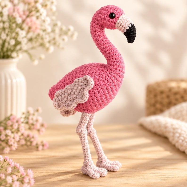 May include: A handcrafted crochet flamingo toy featuring a vibrant pink body, light pink wings, and long, slender light pink legs. The flamingo has a white beak base with a black tip and a small, round black eye, showcasing detailed yarn stitching.