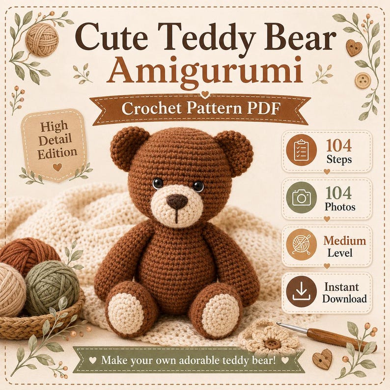 May include: A digital crochet pattern PDF for a brown teddy bear amigurumi. The document features the text 'Cute Teddy Bear Amigurumi', 'High Detail Edition', '104 Steps', '104 Photos', 'Medium Level', and 'Instant Download' with floral accents.