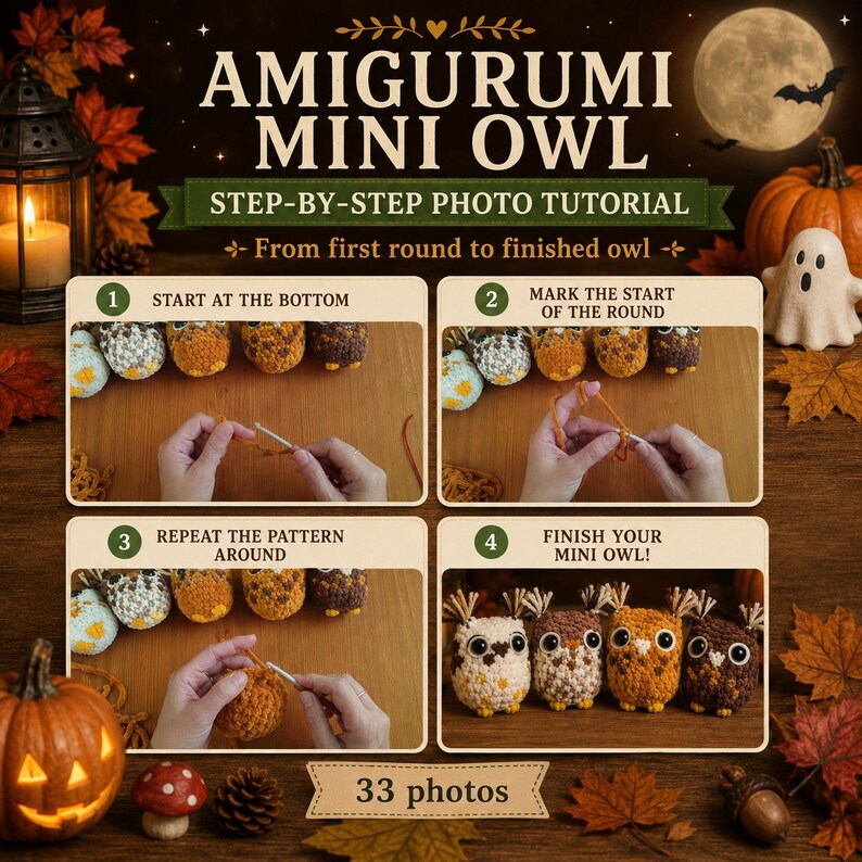 May include: A step-by-step photo tutorial for an amigurumi mini owl, featuring four instructional panels showing crochet techniques with a hook and yarn, culminating in four finished owl figures in various brown and cream yarn colors.
