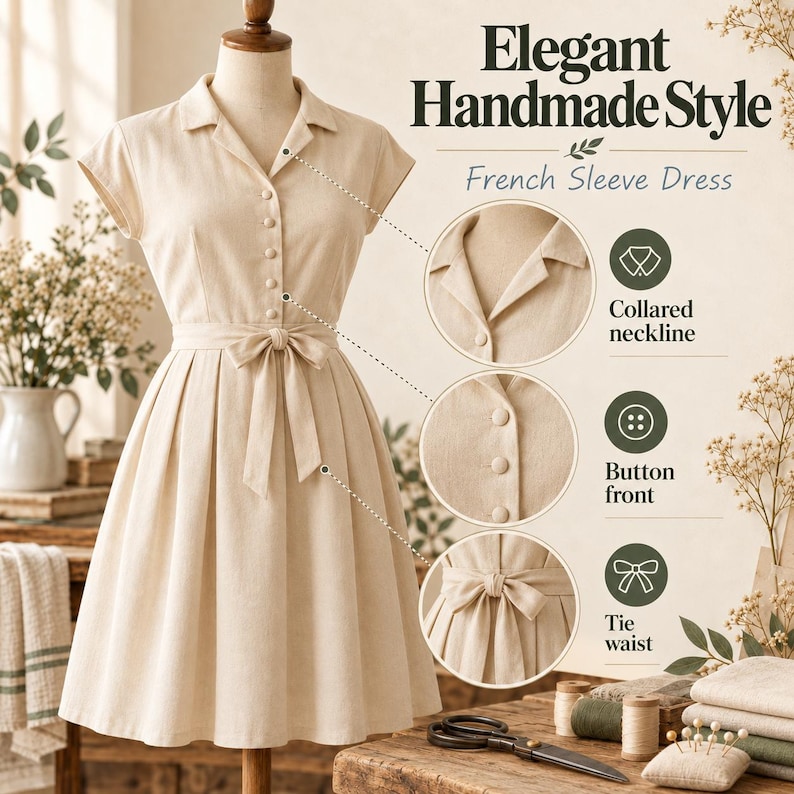 May include: A beige dress with a collared neckline, button front, and tie waist. The text reads Elegant Handmade Style French Sleeve Dress, Collared neckline, Button front, and Tie waist. The dress is displayed on a mannequin form.