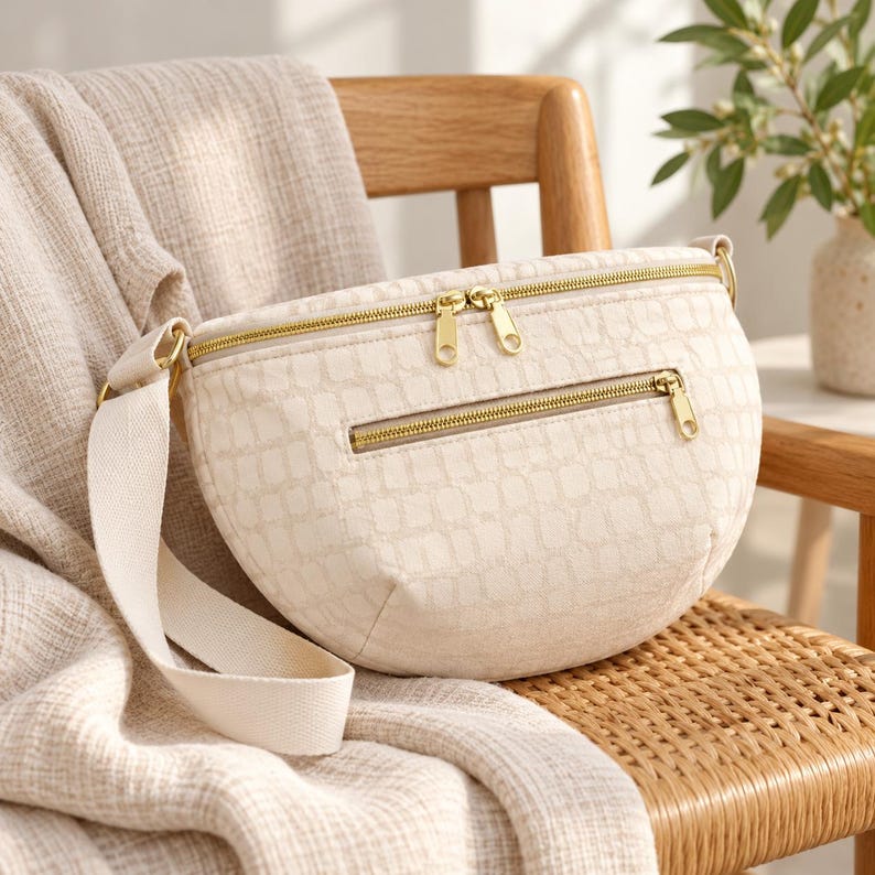 May include: A cream-colored crescent-shaped crossbody bag featuring a subtle embossed grid pattern, gold-tone metal zippers, and a wide matching fabric strap. The bag includes a main zippered compartment and a smaller front zippered pocket.