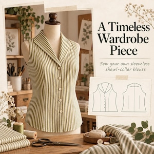 May include: A sleeveless blouse with a shawl collar and vertical olive green and white stripes, featuring a front button closure. The image includes text reading A Timeless Wardrobe Piece and Sew your own sleeveless shawl-collar blouse.