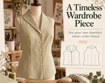 May include: A sleeveless blouse with a shawl collar and vertical olive green and white stripes, featuring a front button closure. The image includes text reading A Timeless Wardrobe Piece and Sew your own sleeveless shawl-collar blouse.