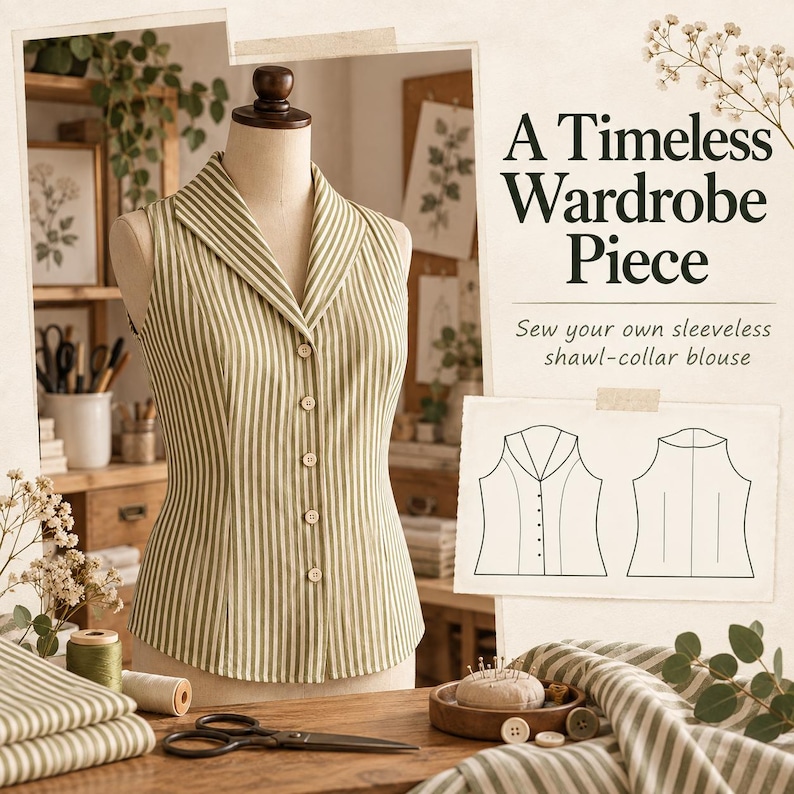May include: A sleeveless blouse with a shawl collar and vertical olive green and white stripes, featuring a front button closure. The image includes text reading A Timeless Wardrobe Piece and Sew your own sleeveless shawl-collar blouse.
