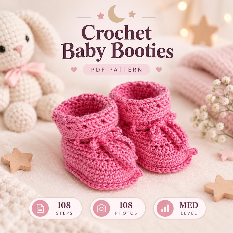 Op de afbeelding: Een paar felroze gehaakte babyslofjes met een textuursteekpatroon en striksluitingen. De tekst luidt Crochet Baby Booties PDF PATTERN, 108 STEPS, 108 PHOTOS en MED LEVEL. Een gehaakt konijnenspeeltje en houten sterren zijn zichtbaar.