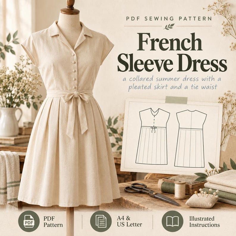May include: A beige collared dress with short sleeves, a button-down front, and a tie waist on a mannequin. The text reads PDF SEWING PATTERN French Sleeve Dress, a collared summer dress with a pleated skirt and a tie waist, PDF Pattern, A4 & US Letter, Illustrated Instructions.