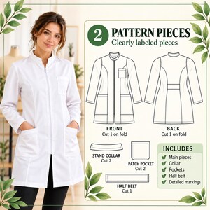 Peut inclure: Une blouse blanche avec col montant, fermeture &eacute;clair frontale et trois poches plaqu&eacute;es. L'image inclut un sch&eacute;ma de patron de couture &eacute;tiquet&eacute; 2 PATTERN PIECES, montrant les vues avant et arri&egrave;re, le col, la poche et la demi-ceinture.