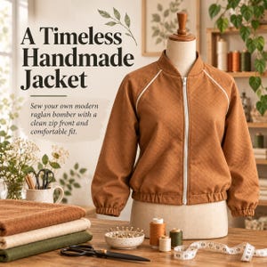 May include: A brown quilted bomber jacket with a white front zipper, raglan sleeves, and elastic cuffs. The text reads: A Timeless Handmade Jacket. Sew your own modern raglan bomber with a clean zip front and comfortable fit.
