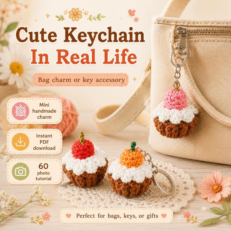 May include: Three crocheted cupcake keychains with brown bases, white frosting, and colorful tops in red, pink, and orange. The image includes text: Cute Keychain In Real Life, Bag charm or key accessory, Mini handmade charm, Instant PDF download, 60 photo tutorial, Perfect for bags, keys, or gifts.