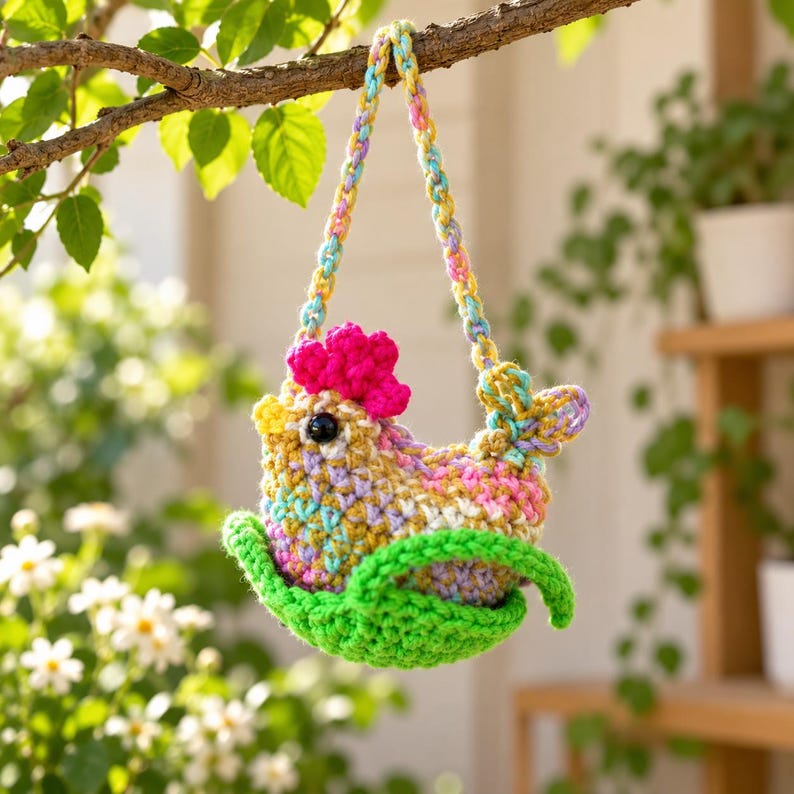 May include: A crocheted chicken ornament featuring a multicolored yarn body, a bright pink comb, and a black eye. The chicken sits inside a vibrant green crocheted nest and hangs from a braided, multicolored yarn strap.