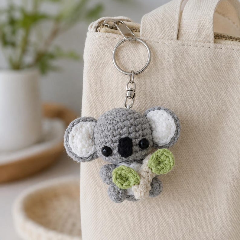 May include: A gray and white crocheted koala keychain with black plastic eyes and a black nose, holding a small light green and cream-colored eucalyptus branch. The koala is attached to a silver-toned metal split ring and a lobster clasp.