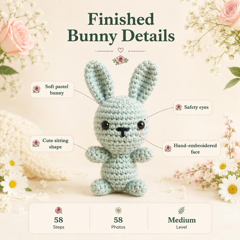 May include: A light blue crochet bunny with black safety eyes and a hand-embroidered face. The image includes text: Finished Bunny Details, Soft pastel bunny, Safety eyes, Cute sitting shape, Hand-embroidered face, 58 Steps, 58 Photos, Medium Level.