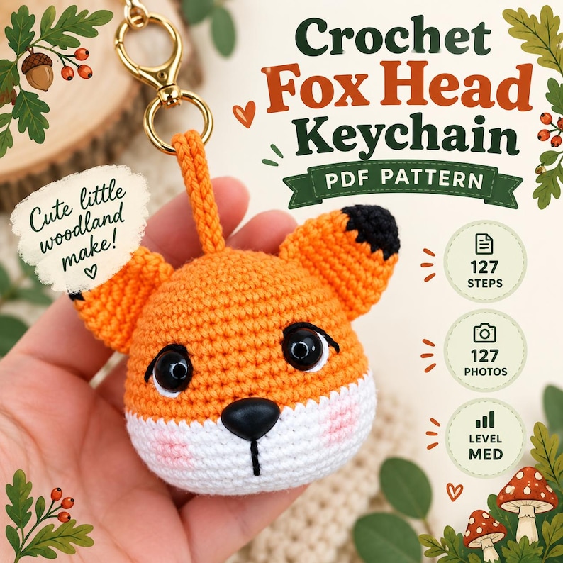 以下が含まれることがあります： かぎ針編みのキツネの頭のキーホルダーのPDFパターン。Crochet Fox Head Keychain PDF PATTERN、Cute little woodland make!、127 STEPS、127 PHOTOS、LEVEL MEDという文字が書かれています。キツネの頭はオレンジと白で、耳と目は黒です。