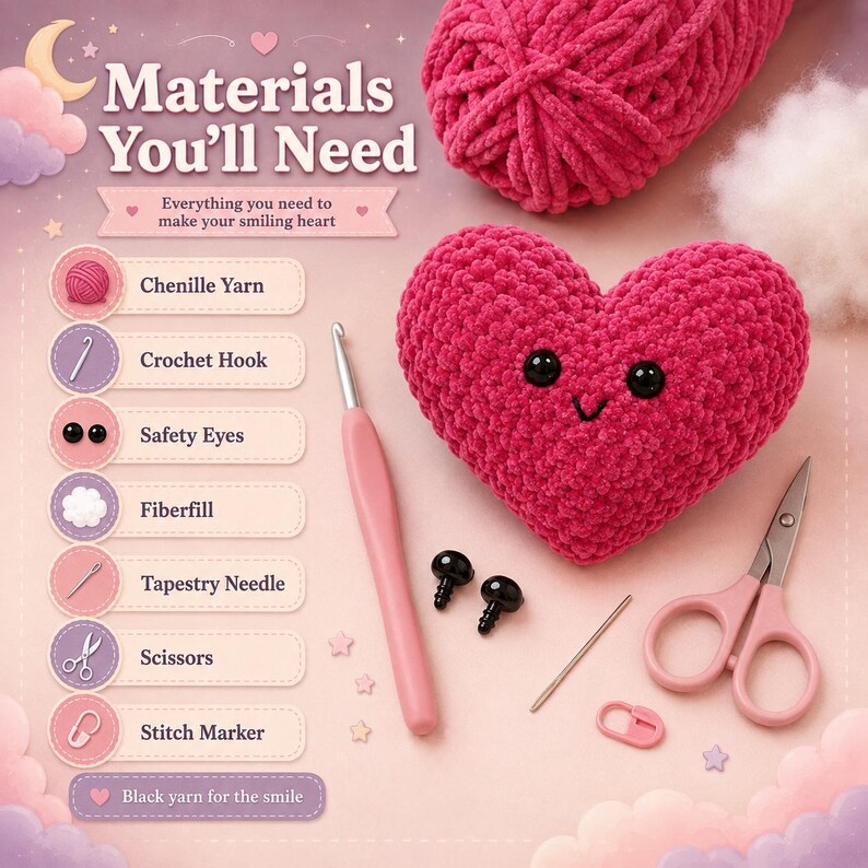 May include: A crochet kit display featuring a pink heart-shaped plush with black safety eyes and a stitched smile. Included are a pink crochet hook, two black safety eyes, a tapestry needle, pink scissors, a stitch marker, and pink chenille yarn.