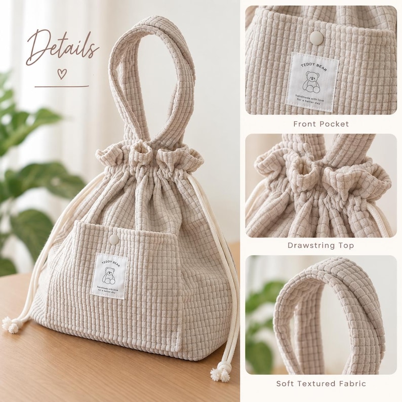 Peut inclure: Un sac &agrave; cordon en tissu beige &agrave; texture gaufr&eacute;e dot&eacute; d'une poign&eacute;e sup&eacute;rieure, d'une poche avant avec fermeture &agrave; bouton-pression et d'une &eacute;tiquette rectangulaire blanche avec une illustration d'ours en peluche et le texte Teddy Bear.