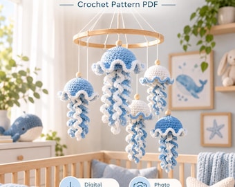 May include: A crochet mobile featuring five jellyfish in shades of blue and white, suspended from a circular wooden frame. The text reads Sweet Ocean Nursery Decor Crochet Pattern PDF, Digital Download, and Photo Tutorial.