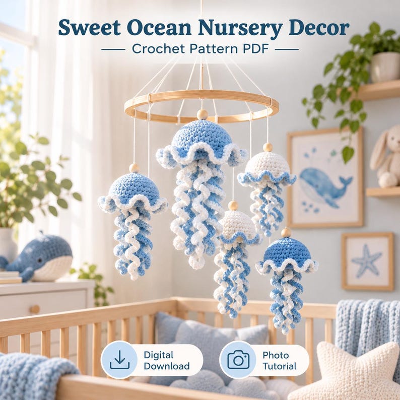 May include: A crochet mobile featuring five jellyfish in shades of blue and white, suspended from a circular wooden frame. The text reads Sweet Ocean Nursery Decor Crochet Pattern PDF, Digital Download, and Photo Tutorial.