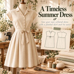 May include: A beige collared dress with short sleeves, a button-down front, and a tie waist, displayed on a mannequin. Text reads: A Timeless Summer Dress. Sew your own collared dress with a pleated skirt and tie waist. Includes a sewing pattern diagram.