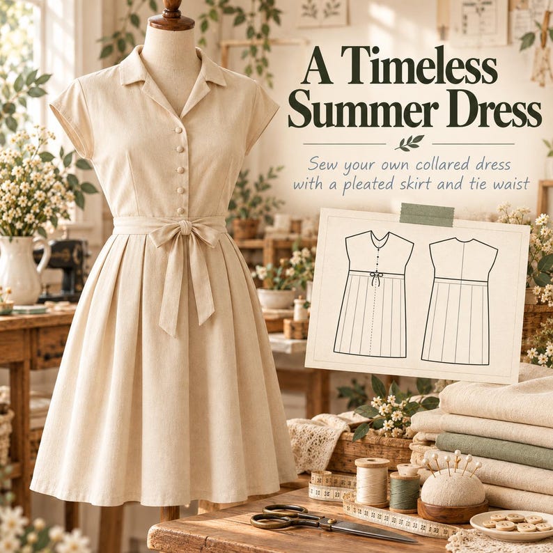 May include: A beige collared dress with short sleeves, a button-down front, and a tie waist, displayed on a mannequin. Text reads: A Timeless Summer Dress. Sew your own collared dress with a pleated skirt and tie waist. Includes a sewing pattern diagram.