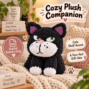 May include: A black and white crocheted cat plush toy with green eyes, a pink nose, and purple inner ears. The image includes text reading Cozy Plush Companion, PDF Digital Pattern Only, Cute Shelf Accent, and A Purr-fect Gift Idea.