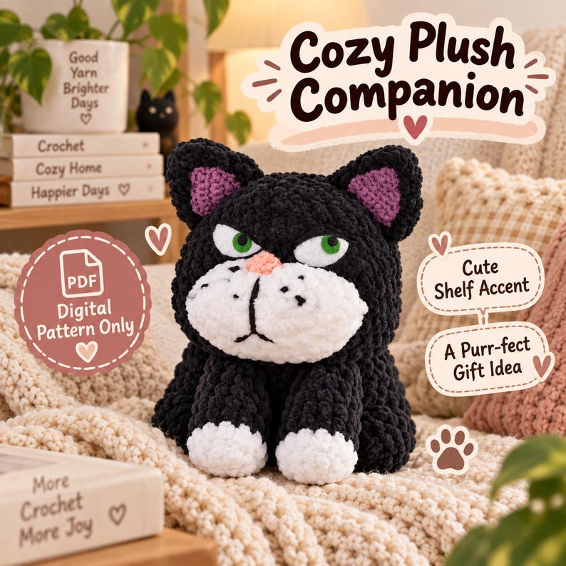 May include: A black and white crocheted cat plush toy with green eyes, a pink nose, and purple inner ears. The image includes text reading Cozy Plush Companion, PDF Digital Pattern Only, Cute Shelf Accent, and A Purr-fect Gift Idea.